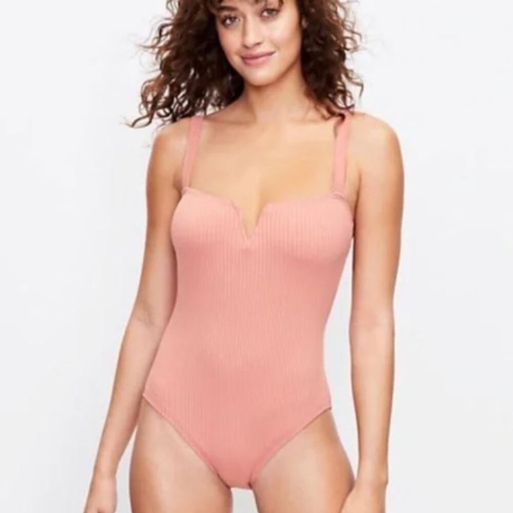 NWOT Loft Beach Ribbed V-Bar One Piece Swimsuit In Pink
